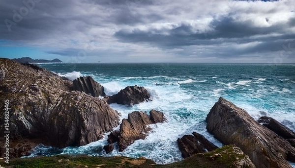 Fototapeta rocky coast atlantic ocean in cloudy weather with sea water waves and foam nature