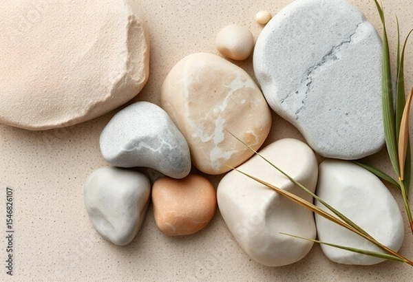 Fototapeta Close-up of smooth stones, pebbles, and leaves artfully arranged on a neutral-toned surface