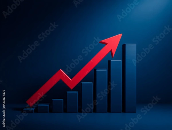 Fototapeta A rising trend is illustrated by the steady growth dark blue bars paired with a bold red arrow symbolizing progress and success, generated image
