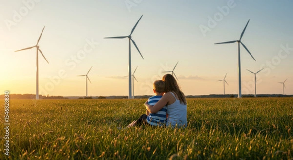 Fototapeta mother and child sit together in grassy field with wind turbines at sunset, showcasing renewable energy and family connection. encompasses sustainability, nature, and future hopes