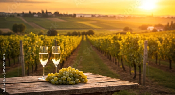 Fototapeta sunlit vineyard with wine glasses, rustic table setup featuring grapes, tranquil landscape at sunset, perfect scene for relaxation and leisure. ideal for vineyard tours and wine appreciation.