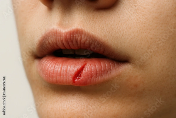 Fototapeta close-up of woman's lips with visible crack, highlighting dry skin and winter skincare needs. perfect image for articles on self-care, dermatology, and hydration tips.