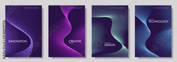 Obraz Abstract gradient poster set with wavy сolorful and gold lines. Modern vector background cover templates with 3D effects in motion. Artistic design for cover, flyer, banner, social media, music, ads. 