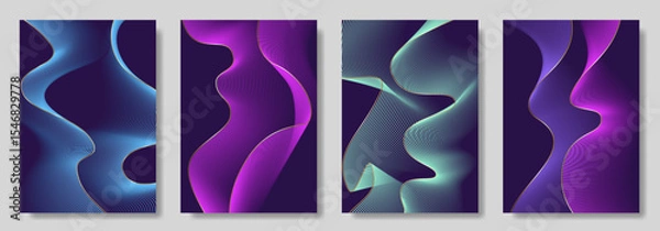 Obraz Abstract gradient poster set with wavy сolorful and gold lines. Modern vector background cover templates with 3D effects in motion. Artistic design for cover, flyer, banner, social media, music, ads. 