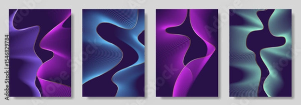 Obraz Abstract gradient poster set with wavy сolorful and gold lines. Modern vector background cover templates with 3D effects in motion. Artistic design for cover, flyer, banner, social media, music, ads.