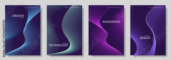 Obraz Abstract gradient poster set with wavy сolorful and gold lines. Modern vector background cover templates with 3D effects in motion. Artistic design for cover, flyer, banner, social media, music, ads.