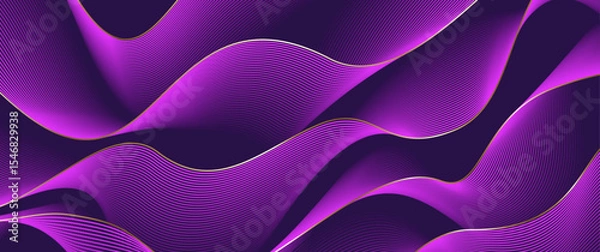 Obraz Abstract gradient poster vector background with wavy purple and gold lines. Modern  cover templates with 3D effects in motion. Artistic design for cover, flyer, banner, social media, music, ads. 