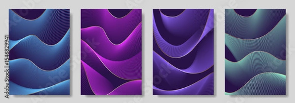Obraz Abstract gradient poster set with wavy сolorful and gold lines. Modern vector background cover templates with 3D effects in motion. Artistic design for cover, flyer, banner, social media, music, ads. 