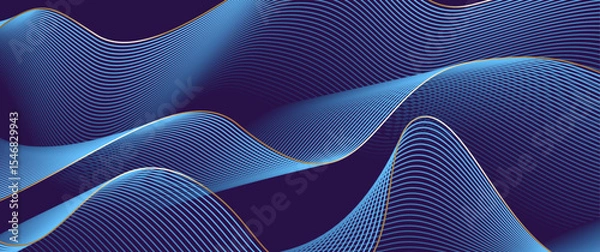 Obraz Abstract gradient poster vector background with wavy blue and gold lines. Modern  cover templates with 3D effects in motion. Artistic design for cover, flyer, banner, social media, music, ads.