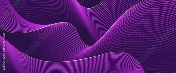 Obraz Abstract gradient poster vector background with wavy purple and gold lines. Modern  cover templates with 3D effects in motion. Artistic design for cover, flyer, banner, social media, music, ads. 