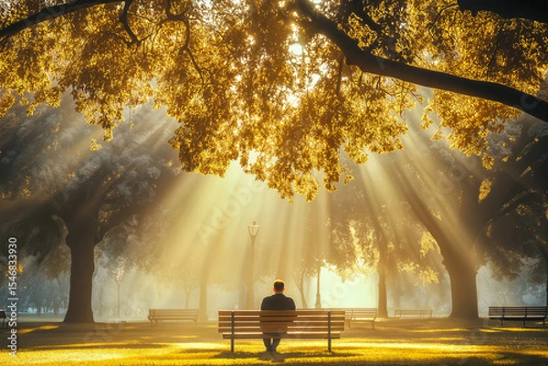 Fototapeta Peaceful and contemplative scene of a man sitting alone on a bench in a sun-drenched park. Warm golden rays filter through the autumn leaves, creating a magical atmosphere of serenity and inner peace.