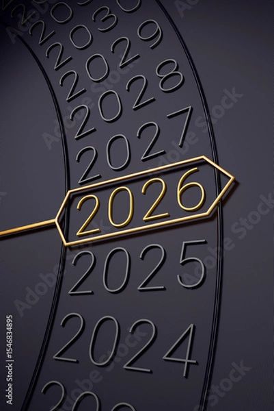 Obraz Close-up of mechanical dial, 2026 number in gold, arrow pointer, metallic rim on dark gray background. Change years concept. 3D illustration, render.