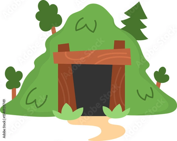 Fototapeta Vector green hill with door. Dwarf mine entrance illustration. Gnome mining cave clipart. Fantasy forest or woodland mountain illustration. Magic fairytale icon isolated on white background