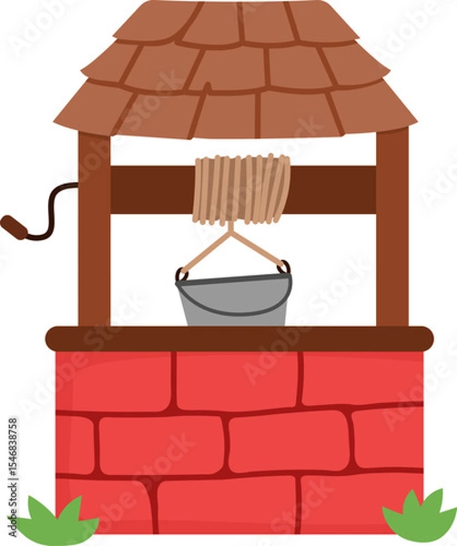 Fototapeta Vector cartoon well with bucket. Fairytale or ancient world red brick water pit icon with tile roof. Medieval shaft illustration isolated on white background