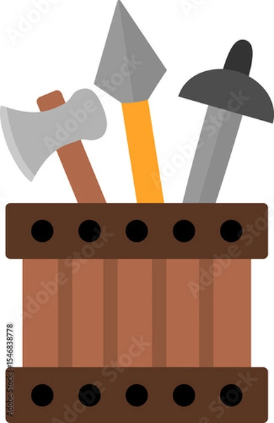 Fototapeta Vector wooden box with sward, hammer, spear. Blacksmith or forger illustration. Fairy tale knight armor or dwarf smith products in wood crate. Cartoon icons with medieval weapon