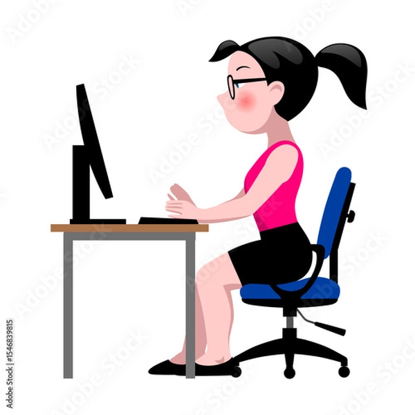 Fototapeta Funny cartoon businesswoman sitting at the computer isolated on white. Drawing in flat style. Vector illustration