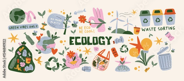 Fototapeta Cartoon eco stickers in retro groovy style. Ecology, organic products, natural product, vegan, bio, environmental protection. Vector set elements