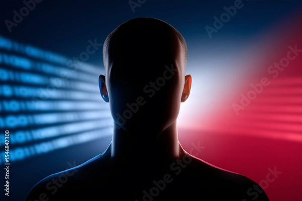 Obraz Faceless man silhouette with binary code background, cybersecurity concept, anonymous user privacy, digital identity