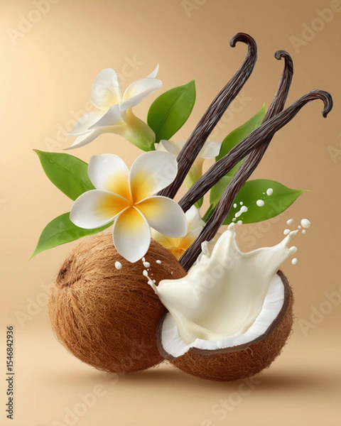 Obraz Vanilla pods, coconut and frangipani flowers in an elegant arrangement, with creamy splash on brown background