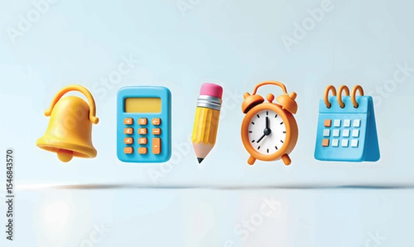 Obraz 3d render of school supplies bell calculator pencil alarm clock calendar