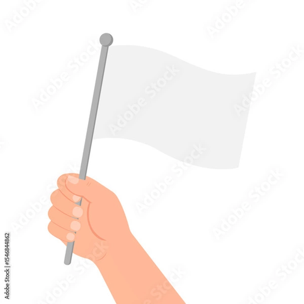 Fototapeta Human hand holding white waving flag on pole. Symbol of peace, surrender, truce, or neutrality. Flat design vector illustration on white background. Concept for protest, diplomacy or anti-war themes
