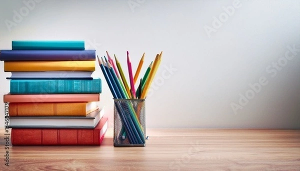 Fototapeta books stack of books colorful books stack of colorful books and pencils on wooden floor against a white wall