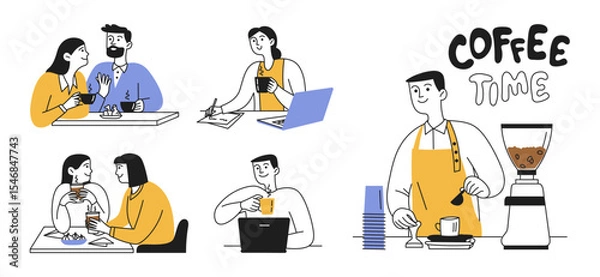 Obraz Doodle set of men and women. People communication over a cup of hot coffee, tea. Concept of barista service and customers in cafe, restaurant. Vector illustration