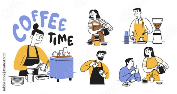 Obraz Doodle set of men and women. People communication over a cup of hot coffee. Concept of making coffee by barista or at home by yourself. Vector
