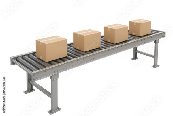 Obraz Cardboard boxes moving on industrial conveyor belt with transparent background