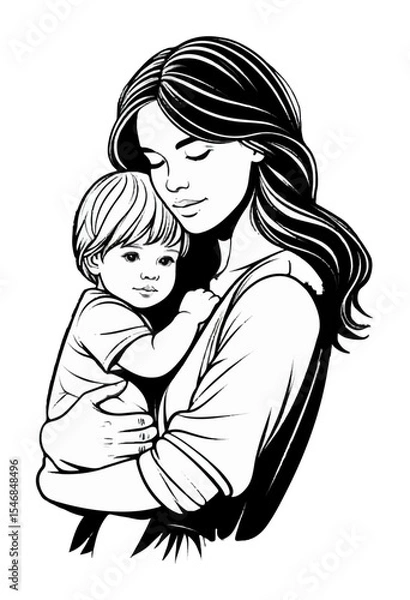 Fototapeta A black and white silhouette of a mother holding her baby in her arms on a white isolated background. Vector graphics. EPS.