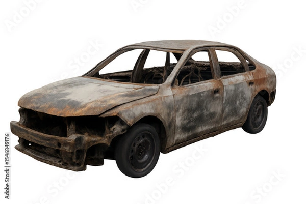 Fototapeta Burned car wreck with transparent background, showing fire damage and destruction