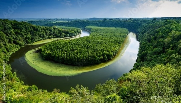 Fototapeta a winding river forms a question mark amidst a lush verdant forest
