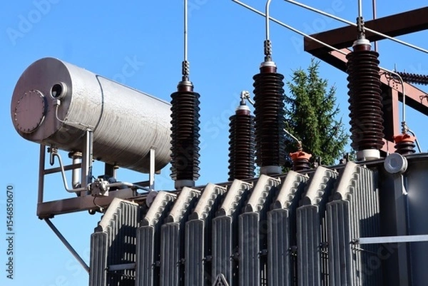 Fototapeta Close-up of a power transformer with cooling fins, high-voltage insulators, and overhead wires. Industrial electricity infrastructure under blue sky.