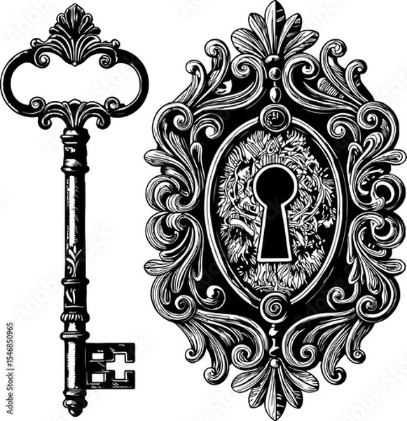 Obraz Ornate key and keyhole with baroque design elements