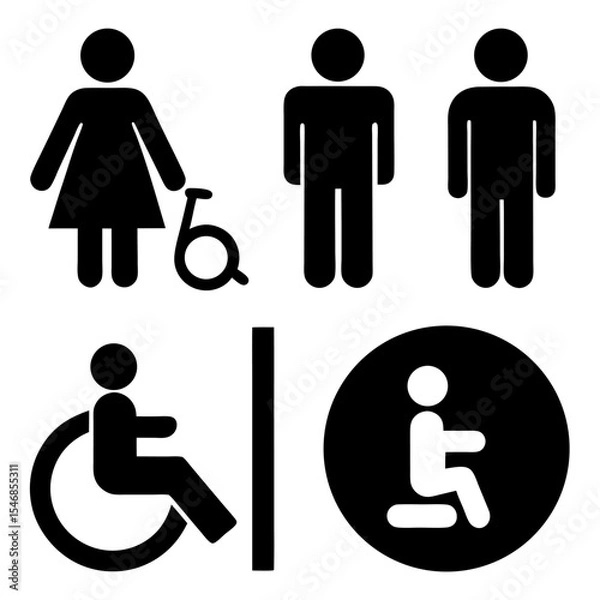 Fototapeta Design a clean and minimalistic icon set in black and white representing common public facility signs. Include icons for male restroom, female restroom, accessible restroom (wheelchair)
