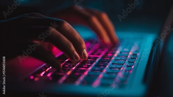 Fototapeta Typing on laptop keyboard with neon lights for coding programming and gaming with fingers close up view