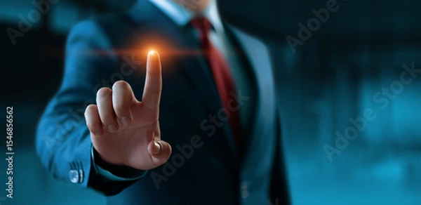 Fototapeta The businessman touch virtual screen. Man presses virtual button. Business Technology Concept