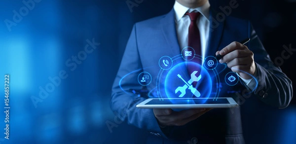 Fototapeta Businessman Holding tablet with Technical Support Icons on Screen. Customer Service and Support concept