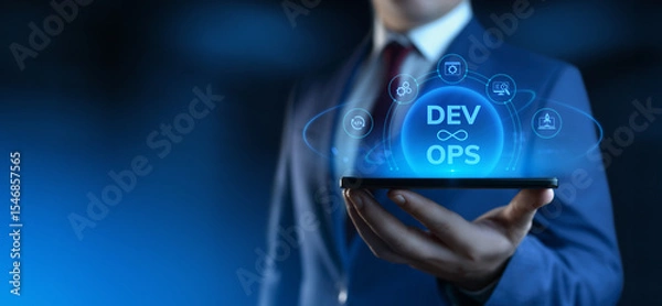 Fototapeta Businessman holding smartphone with Dev Ops Development Operations icons on screen