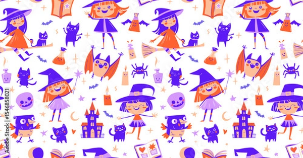 Fototapeta Cute Seamless Halloween Pattern with Witches, Cats, and Potions Purple Cartoon Doodle Style