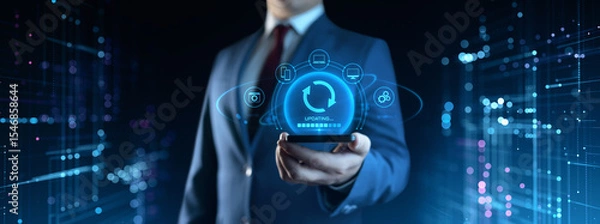 Fototapeta Businessman Holding Device with Update Icons on Screen. Software Updating or Upgrade Concept