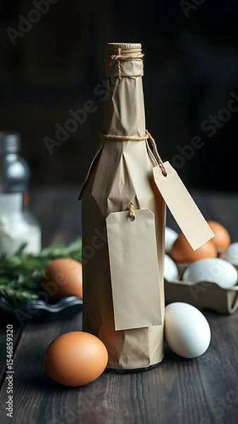 Obraz Kraft Paper Bottle with Blank Tag Near Eggs on Wooden Table vertical