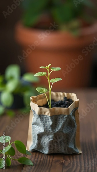 Obraz Green Plant Sprout in Compostable Pouch on Wooden Table vertical