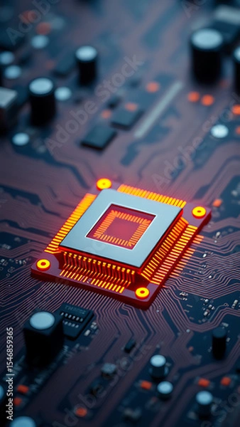 Fototapeta Glowing Orange Processor Core on Dark Circuit Board vertical