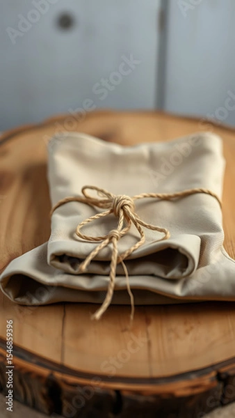 Fototapeta Folded Beige Apron with Jute String on Rustic Wooden Board vertical