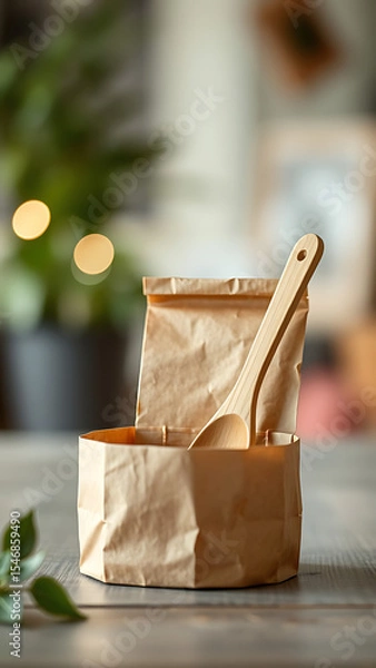 Obraz Eco-Friendly Kraft Paper Packaging with Wooden Spoon and Container vertical