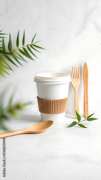 Obraz Eco-Friendly Bamboo Cutlery Set and Paper Cup on Light Grey Background vertical