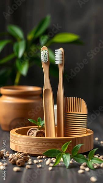 Obraz Eco-Friendly Bamboo Toothbrush and Comb Set with Natural Accessories vertical