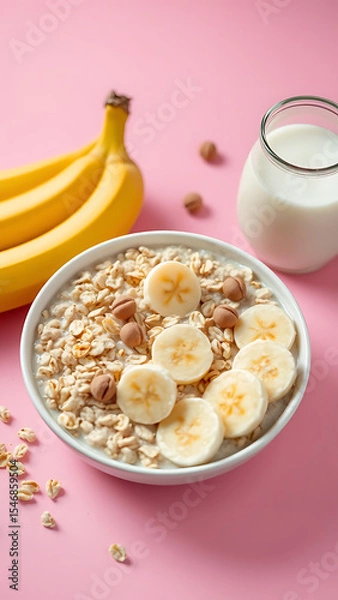 Obraz Flatlay of Oatmeal with Banana Slices and Milk on Pink Background vertical
