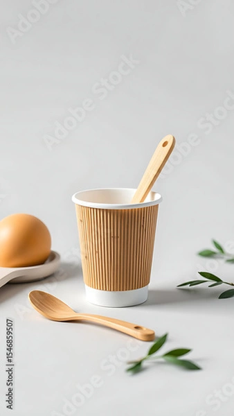 Obraz Eco-Friendly Bamboo Cutlery Set and Paper Cup on Light Grey Background vertical
